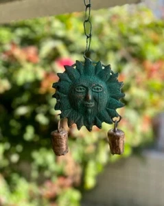Metal Sun Wind Chime with Cow Bell Antique Patina Rustic Garden Patio Wind Chime - Picture 1 of 9