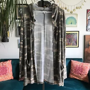 LUCKY BRAND sz L Fatigue Green & Khaki Camo Camouflage Hooded Cardigan Pockets - Picture 1 of 5