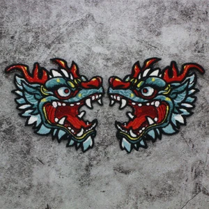 Pair Chinese Dragon Head Sew On Patches 10cm x 10cm Bold Colors for Clothes Bags - Picture 1 of 3