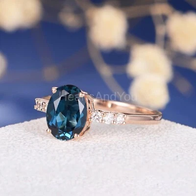 1.5ct Oval Cut Natural London Blue Topaz & Diamond 100% 14k SOLID Rose Gold Ring - Image 1 of 4