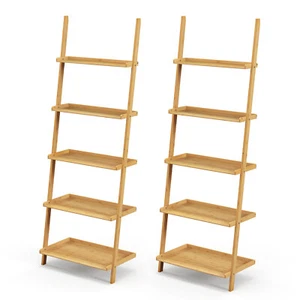 2 PCS Wall-Leaning Display Bookcase Storage Rack 5-Tier Bamboo Ladder Shelf - Picture 1 of 8
