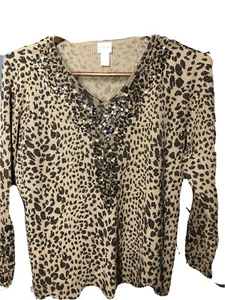 Chicos 3P Sweater Animal Print Sequin Embellished V Neck Brown Black Petite - Picture 1 of 11