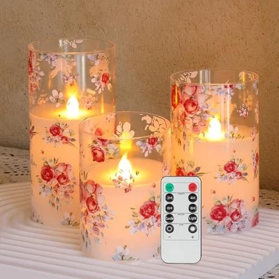 Juego de 3 velas sin llama - Velas de vidrio a pilas con control remoto, rosa Foto 1 de 4