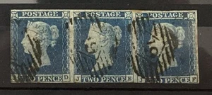 GB QV 1841 2d Blue. Strip of 3. Plate 4. Used. Letters JD - JF. SG.14 - Picture 1 of 2