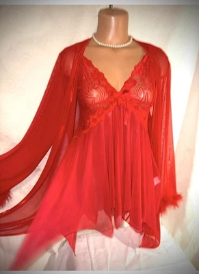 L De Colección Rojo Chifón Encaje Babydoll Barrido Camisón Lencería y Bata Transparente Conjunto Foto 1 de 4