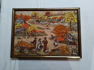 18" x 13" punto ago vintage ricamo scena country persone zucche cani vintage - Foto 1 di 9