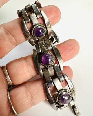 VTG Old Mexico Silver Amethyst Bracelet Heavy Cast Purple Mexican 58.88g - Image 1 of 4