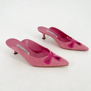Manolo Blahnik Retro Pink Suede Heart Cross Pointed Toe Kitten Heel Mule IT 37.5 - Picture 1 of 12