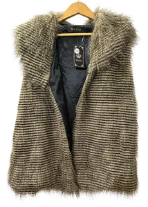 Wenxi Faux Fur Vest WOMENS S/M NWT Black Gray Strip Fully Lined Exotic Long Hair - Picture 1 of 9