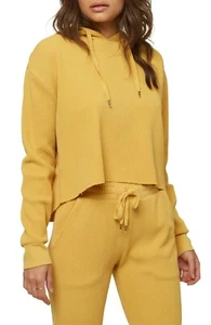 O'Neill KYLA Yellow Relaxed Cropped Waffle Knit Cropped Pullover Junior's Hoodie - Picture 1 of 4