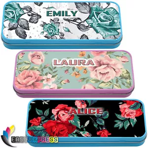 Personalised Pencil Case Tin ROSES FLORAL MakeUp Box School Stationary Name Gift - Picture 1 of 8