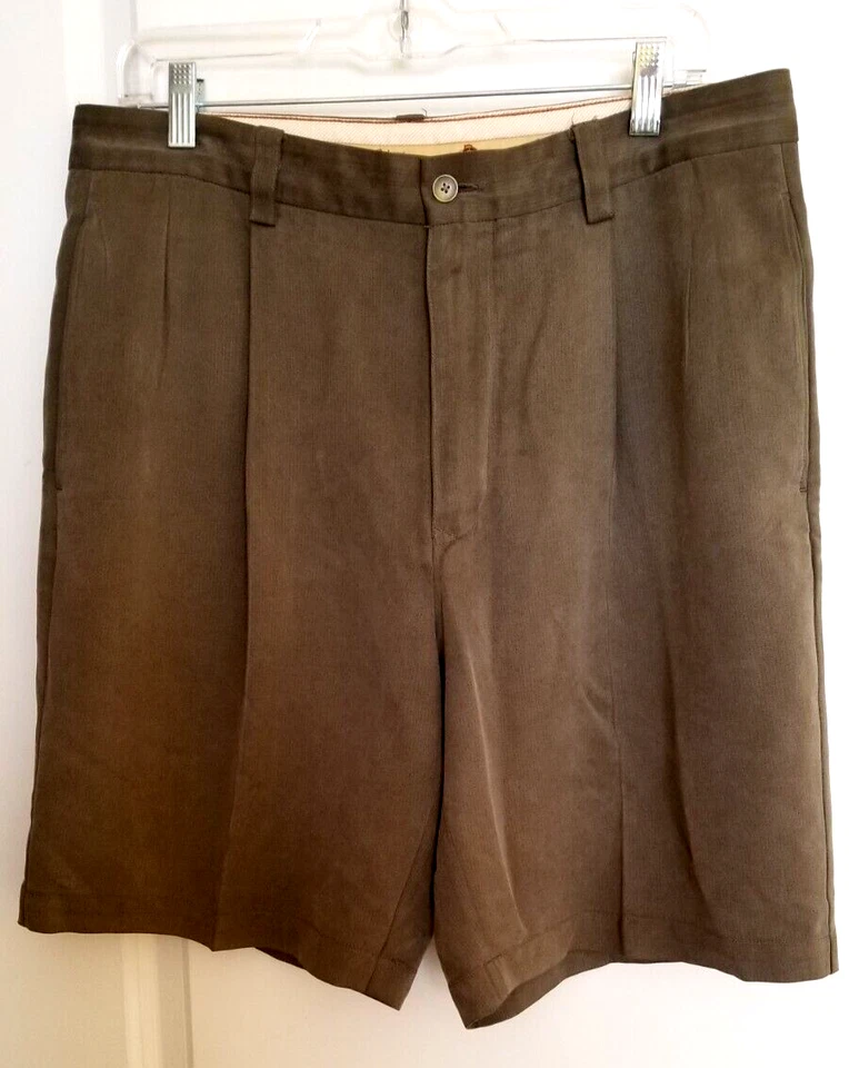 Men's Tommy Bahama Size 36 Deck Shorts Pleated Chino 100% Silk Khaki Olive — 第 1/4 张图片