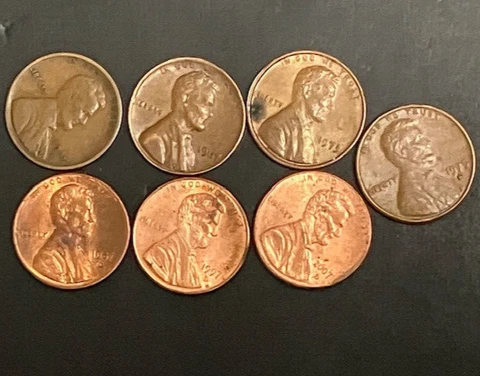 US Coins one cent penny 1917 S  1975-D 1967 1967 1997-D  2007-D "7" study Cover