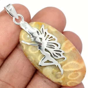Fairy - Natural Indonesian Fossil Coral 925 Silver Pendant Jewelry CP54422 - Picture 1 of 1