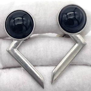 Vintage Ben Amun Silver Tone Black Cabochon Asymmetrical Clip On Earrings - Picture 1 of 7