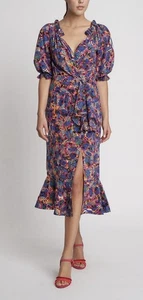 Saloni Olivia Dress Off the Shoulder Ruffled Midi Silk Size 4 Banana Leaf - Picture 1 of 15