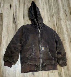 Carhartt Jacket Dark Brown Quilted Duck Canvas Youth M Active Hooded Insulated - Picture 1 of 7