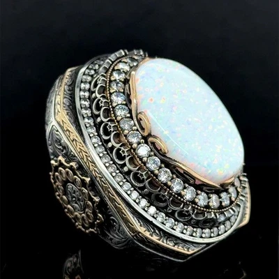 Anillo de ópalo grande de plata para hombre, anillo hecho a mano de plata esterlina de ópalo blanco natural Foto 1 de 4