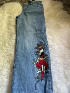 Ed Hardy Loose Fit Buckle Back Denim Jeans Womans 26 Embroidered Wide Leg - Picture 1 of 7