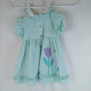 Vestido Vintage Bebé Niña 24 Meses Verde Guinga Tulipán Aplique, Volantes - Imagen 1 de 6