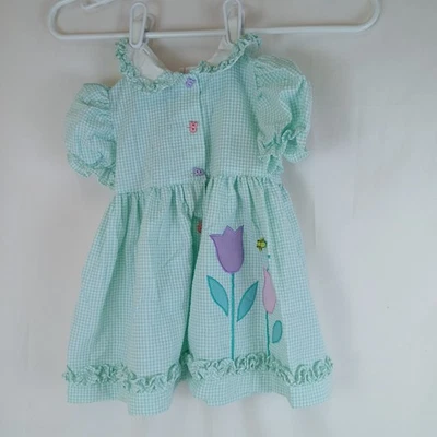 Vestido Vintage Bebé Niña 24 Meses Verde Guinga Tulipán Aplique, Volantes Foto 1 de 4