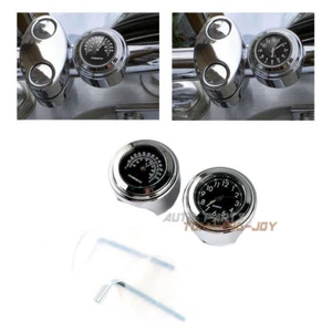 7/8" 1" Motorcycle Chrome Handlebar Mount Black Dial Clock Watch+Thermometer Set - Picture 1 of 6