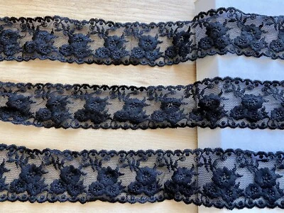 2 Yards Black Embroidered Ribbon Lace Trim for Sewing/Crafts/Bridal/1.5" Wide  - Image 1 of 4