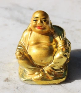 Buddha Small Figurine. Vintage Buddha, Gold Seated Laughing Happy-B5 - Picture 1 of 12
