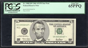 FR 1988-K* 2001 $5 FW *STAR* FEDERAL RESERVE NOTE DALLAS, TX PCGS GEM UNC-65PPQ. - Picture 1 of 2