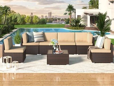 7-Pieces Patio Furniture Set Outdoor Sectional Sofa Rattan Wicker Sofa W/ Table - Image 1 of 4