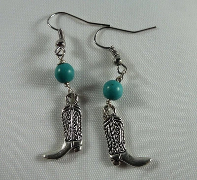 Cowboy /Cowgirl Boot Earrings, Turquoise Gemstone, Tibetan Silver Charm.  - Image 1 of 2