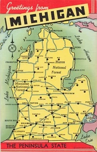 Postal LP52 Michigan Mapa Curteich Lino 1942 - Imagen 1 de 2