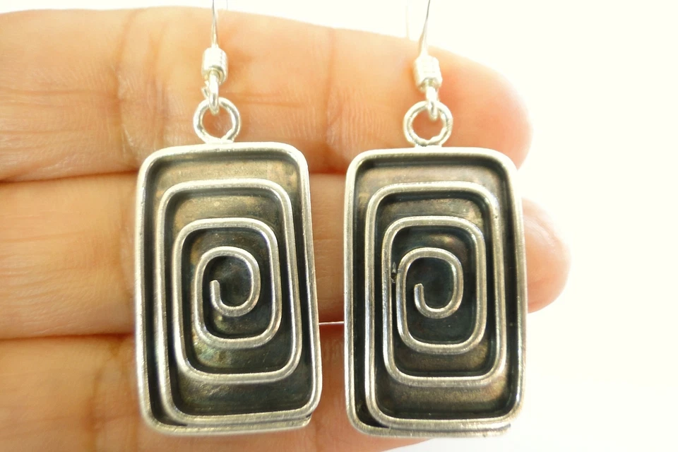 Plain Sterling Silver Earrings Hill Tribe No Stone Oxidized Rectangle 925 - Image 1 of 3