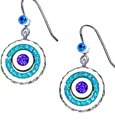 BRINCOS DE ARAME BRIGHTON HALO PAVÃO CLARO ROXO AZUL SWAROVSKI CRYS SLV novo com etiquetas✨HTF - Imagem 1 de 4