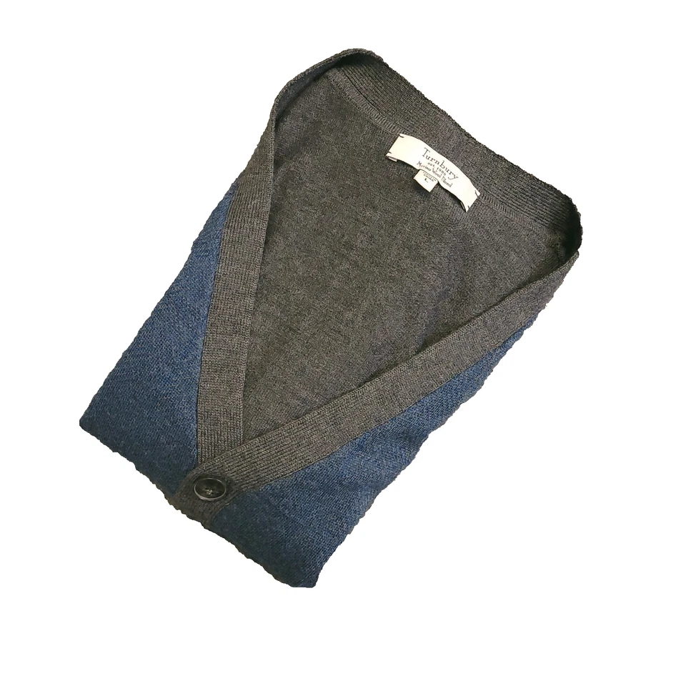 Cárdigan suéter vintage Turnbury mezcla lana merino para hombre grande gris azul cuello en V Foto 1 de 4