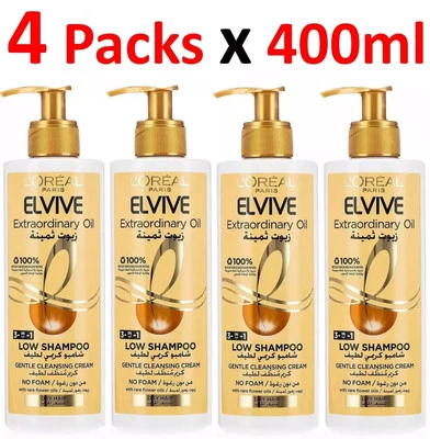 4x L'Oréal Paris Elvive Champú Bajo en Aceite Extraordinario Sin Espuma para Cabello Seco 400 ml Foto 1 de 4