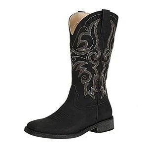 Women's Fashion Western Cowgirl Cowboy Boots Wide Square Toe Mid Calf - Picture 1 of 7