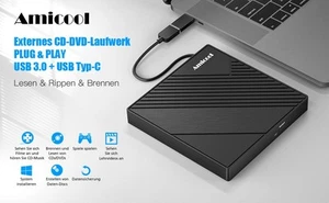 External CD DVD Drive USB 3.0 Writer Burner Player for PC Laptop Windows 11 10 - Afbeelding 1 van 1