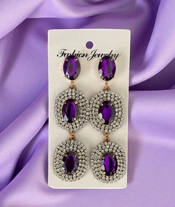 3.75" Long Big Evening Felt Back Linear Earring Purple Clear Rhinestones - Picture 1 of 4