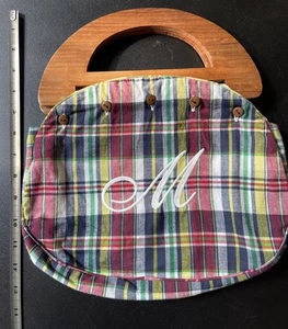 Mark & Graham Karo Handtasche Bermuda Tasche Holzgriffe Monogramm M Retro Boho - Bild 1 von 24