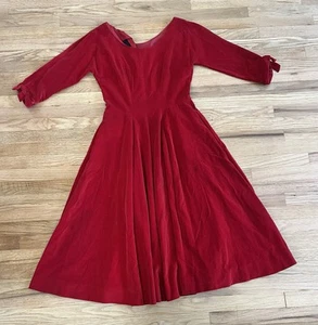Vintage Red Velvet Cocktail Dress, Pleated Skirt, Scoop Neck, 3/4 Length Sleeves - Picture 1 of 10