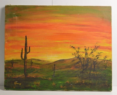 Pintura a óleo vintage do pôr do sol do deserto sobre tela arte original sudoeste de Saguaro - Imagem 1 de 4