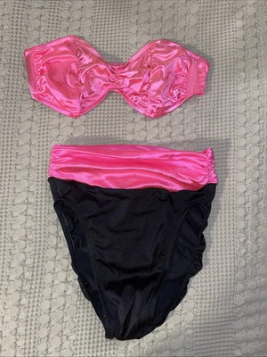 Bikini Mystic Bay De Colección Rosa Negro XS Traje de Baño Años 90 Pierna Alta Neón Sin Tirantes 2 piezas Foto 1 de 3
