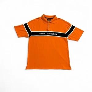 Vintage 90s Harley Davidson Rare Orange & Black Polo Shirt Y2K Bikercore Size L - Picture 1 of 6