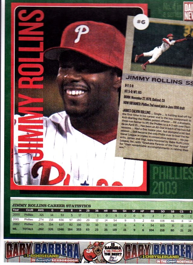 JIMMY ROLLINS 2003 PHILADELPHIA DAILY NEWS 9" X 12" NEWSPAPER INSERT PHOTO - Image 1 of 1
