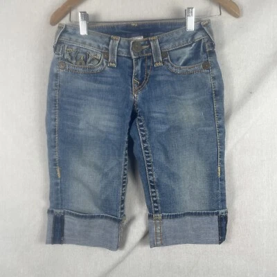 Y2K True Religion Jeans Women 24 x 13 Sophie Long Shorts Lowrise Hem Denims - Image 1 of 4