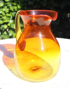 Vintage Hand Blown Glass Amberina Orange Pitcher Applied Handle 7.75" - Picture 1 of 11