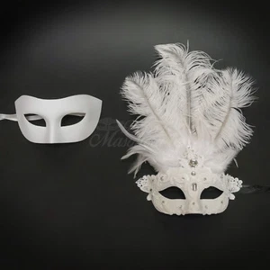 Couples White Minimalist and White Feathered Lace Costume Masquerade Masks Set - Picture 1 of 4