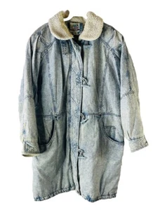 Vintage 80s Womens Large Acid Wash Sherpa Collar Baggy Parka Coat Streetwear - Picture 1 of 12