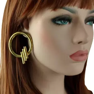 Raga Gold Tone Brass Techno Statement Large Round Pierced Earrings 2.75" Vintage - Picture 1 of 3